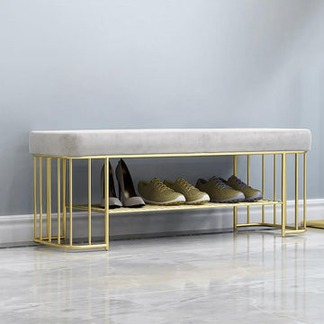 Modern Gray Storage Bench Entryway Bench Velvet Upholstered with Golden Frame & Shelves